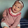 baby, child, infant, portrait, sitting, smiling, happy, face, headband, flower, pink_sweater, knitwear, tights, socks, striped_blanket, indoor, closeup, blue_eyes, baby_fashion, adorable