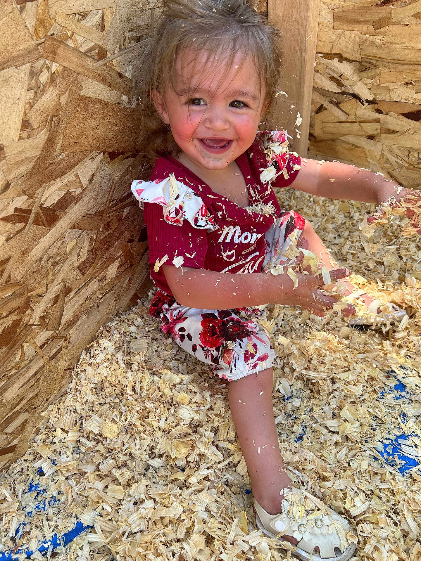 Willow joined the competition — help win amazing prizes! toddler, child, smiling, wood_shavings, play, messy, happy, red_clothing, floral_pattern, shoes, indoors, wooden_wall, fun, cute, young_child, face, arms, legs, sitting, joy