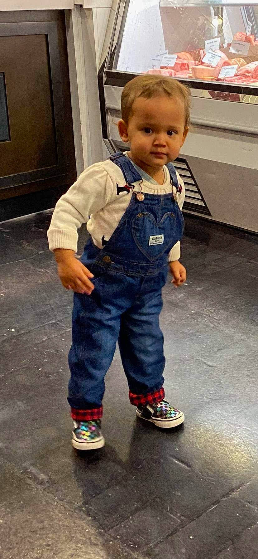 Eliza joined the competition — help win amazing prizes! baby, baby_toddler_clothing, child, denim, door, electric_blue, fashion_design, flooring, fun, joint, leg, outdoor_shoe, person, shoe, sleeve, sneakers, sportswear, standing, t_shirt, toddler