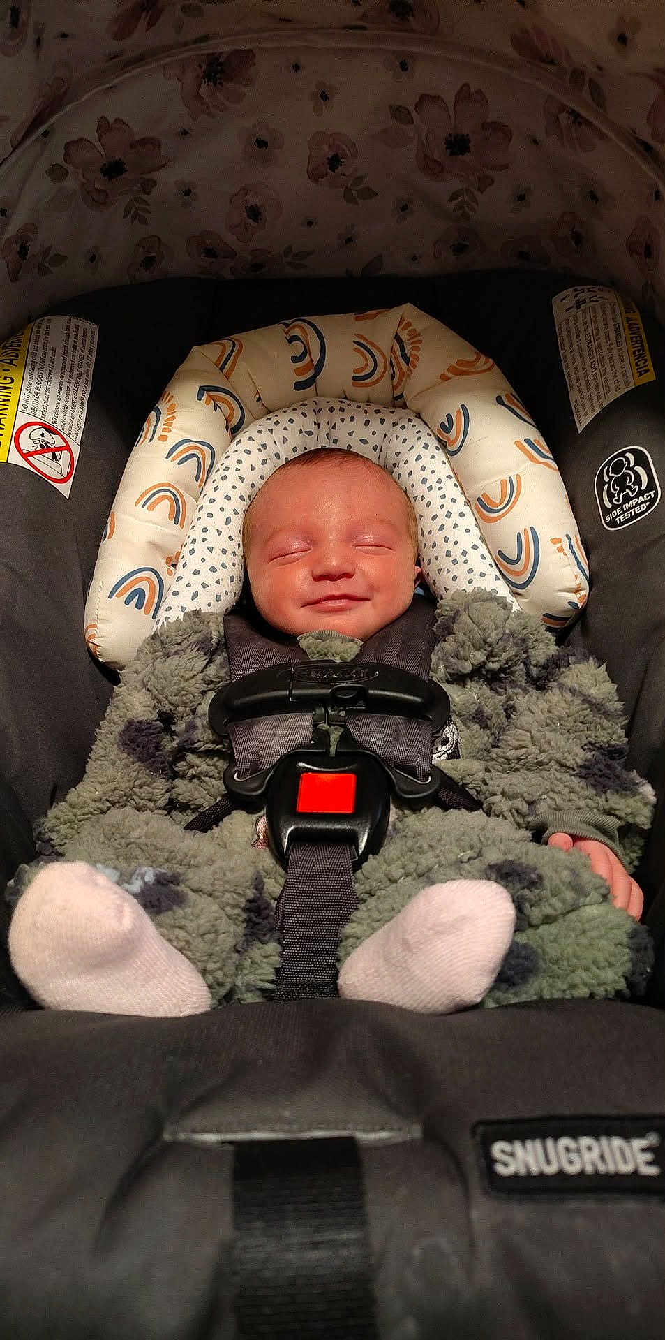 Kelce joined the competition — help win amazing prizes! baby, infant, car_seat, smile, sleeping, fuzzy_clothing, child, headrest, seatbelt, safety, cute, newborn, cozy, car_accessory, patterned, soft, indoor, portrait, peaceful, snugride