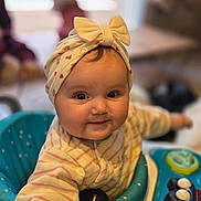 Tiya participe au concours pour gagner de l'argent avec cette photo : baby, bow, cheeks, child, clothing, curious, cute, face, happy, headband, indoor, infant, person, play, seat, smile, striped, toy, walker, young