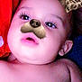 baby, child, face_filter, dog_filter, leopard_ears, snout, polka_dot, background, red, closeup, portrait, skin, eyes, mouth, expression, indoor, cute, infant, digital_filter, playful