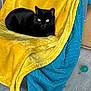 black_cat, cat, blanket, yellow_blanket, blue_blanket, chair, wooden_floor, toy_ball, green_ball, indoor, pet, feline, relaxing, domestic_animal, fur, animal, household, cozy, resting, comfort