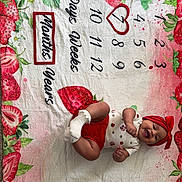 Alora is registered to the contest to win money with this photo: baby, baby_girl, celebration, child, colorful_blanket, cute, happy, heart_shape, indoors, infant, lying_down, milestone_blanket, months_marker, patterned_blanket, portrait, red_clothing, red_headband, smiling, strawberry, white_socks
