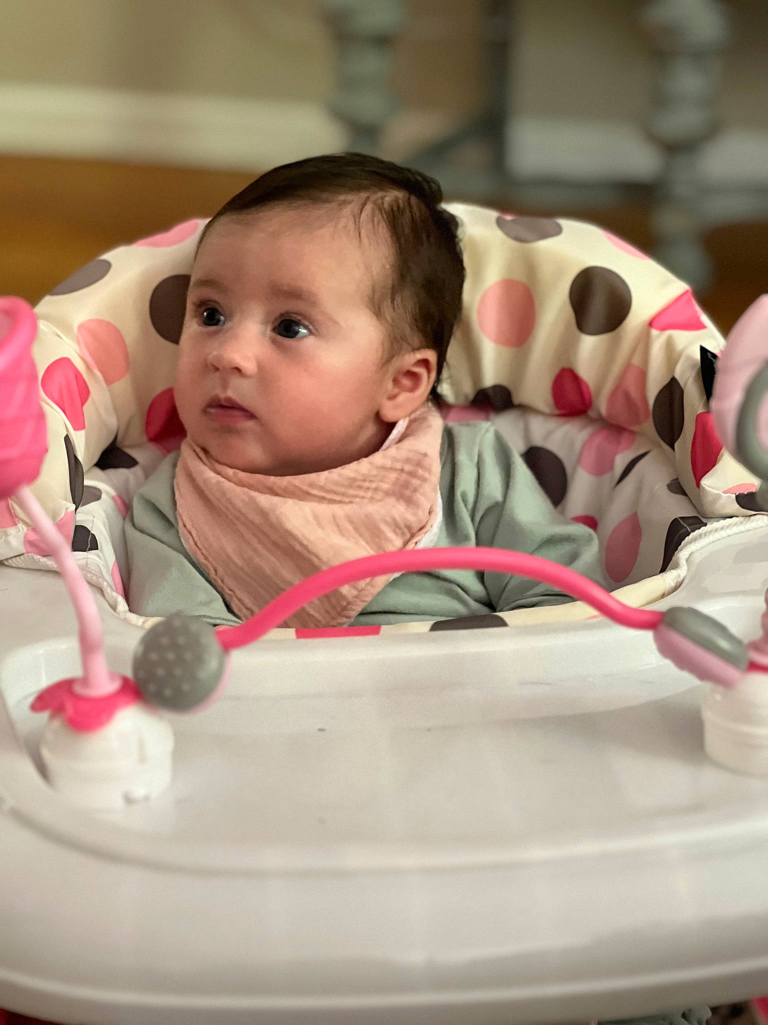 Eloise joined the competition — help win amazing prizes! baby, baby_carriage, baby_products, baby_safety, baby_toddler_clothing, bib, carmine, cheek, child, chin, comfort, eyelash, happy, head, iris, linens, person, room, sitting, skin