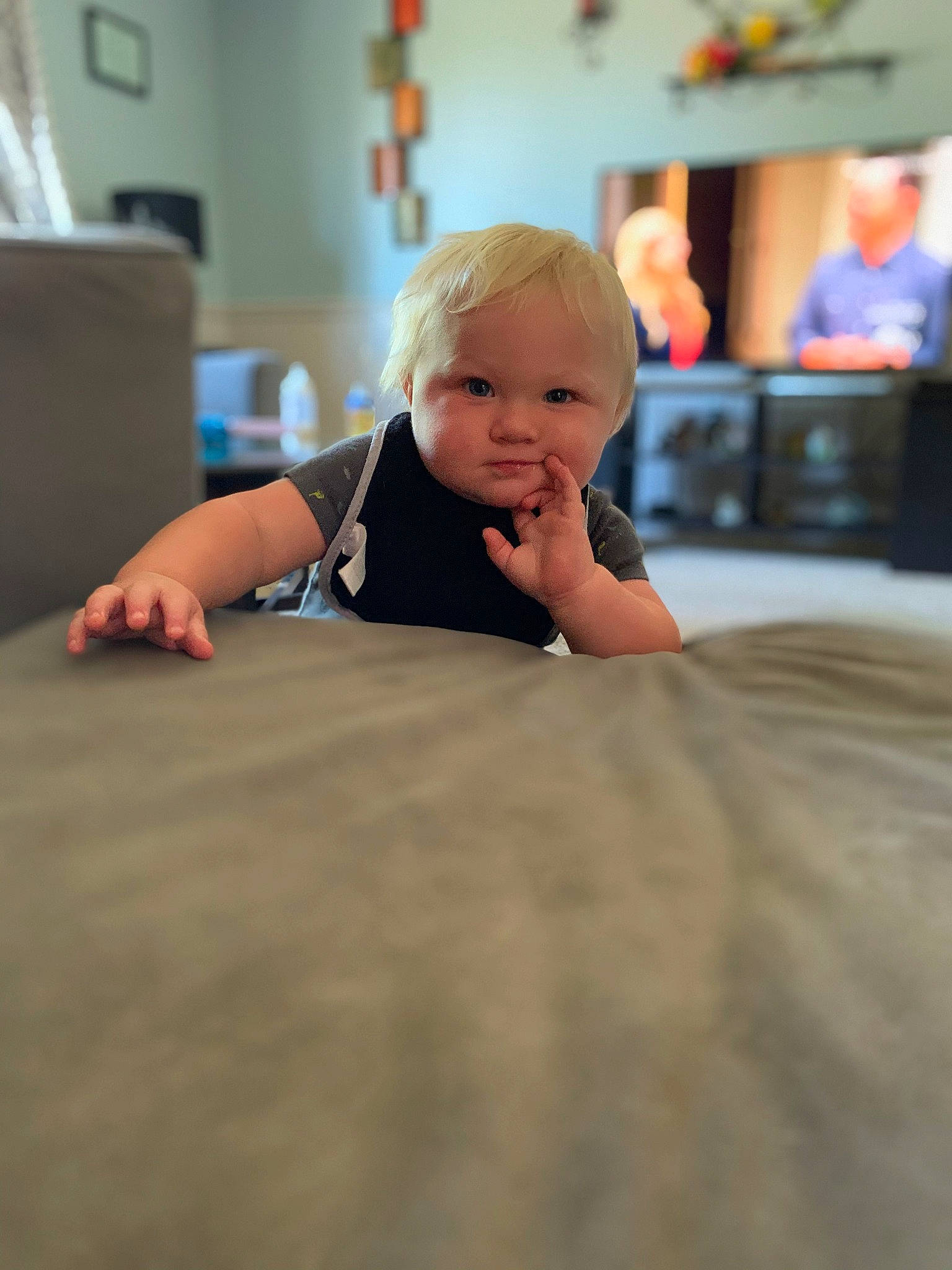 Greysin joined the competition — help win amazing prizes! baby, child, crawling, finger, floor, flooring, fun, hand, leisure, person, play, smile, toddler, vacation, wood