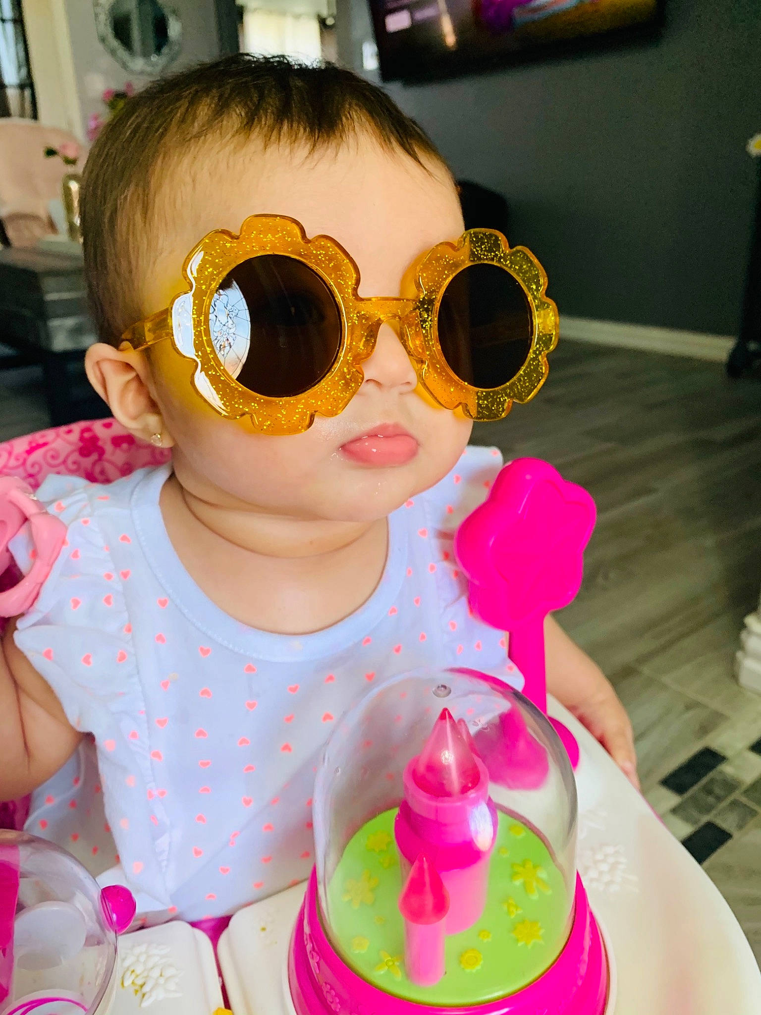 Avery joined the competition — help win amazing prizes! baby_toddler_clothing, bangs, cheek, child, cool, doll, eyelash, eyewear, glasses, goggles, lip, magenta, person, pink, product, skin, sunglasses, toddler, toy, vision_care