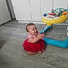 Katlieana is registered to the contest to win money with this photo: baby, toddler, clapping, red_tutu, floor, baby_walker, toy, kitchen, cabinet, white_cabinet, wood_floor, happy, smiling, person, indoor, child, cute, playful, sitting, home