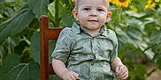 Charles is registered to the contest to win money with this photo: toddler, child, sunflower, flower, greenery, outdoor, nature, plant, chair, wooden_chair, clothing, shorts, shirt, socks, face, portrait, smile, summer, field, sunlight