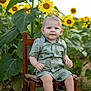 toddler, child, sunflower, flower, greenery, outdoor, nature, plant, chair, wooden_chair, clothing, shorts, shirt, socks, face, portrait, smile, summer, field, sunlight