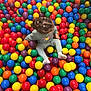 ball_pit, casual_clothing, child, childhood, colorful_balls, fun, hair, indoor, leisure, pigtails, plastic_balls, play, play_area, portrait, sitting, socks, toddler, top_view, toy, vibrant_colors