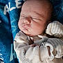 Alexander is registered to the contest to win money with this photo: baby, sleeping, infant, blanket, blue, white_clothing, mittens, face, peaceful, closeup, soft_texture, newborn, resting, portrait, child, cute, cozy, indoor, skin, head
