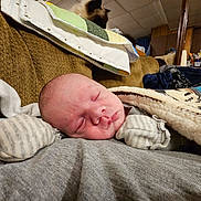 Alexander joined the competition — help win amazing prizes! baby, sleeping, newborn, blanket, mittens, couch, cat, indoor, cozy, resting, peaceful, soft, head, person, furniture, home, portrait, infant, warm, relaxation