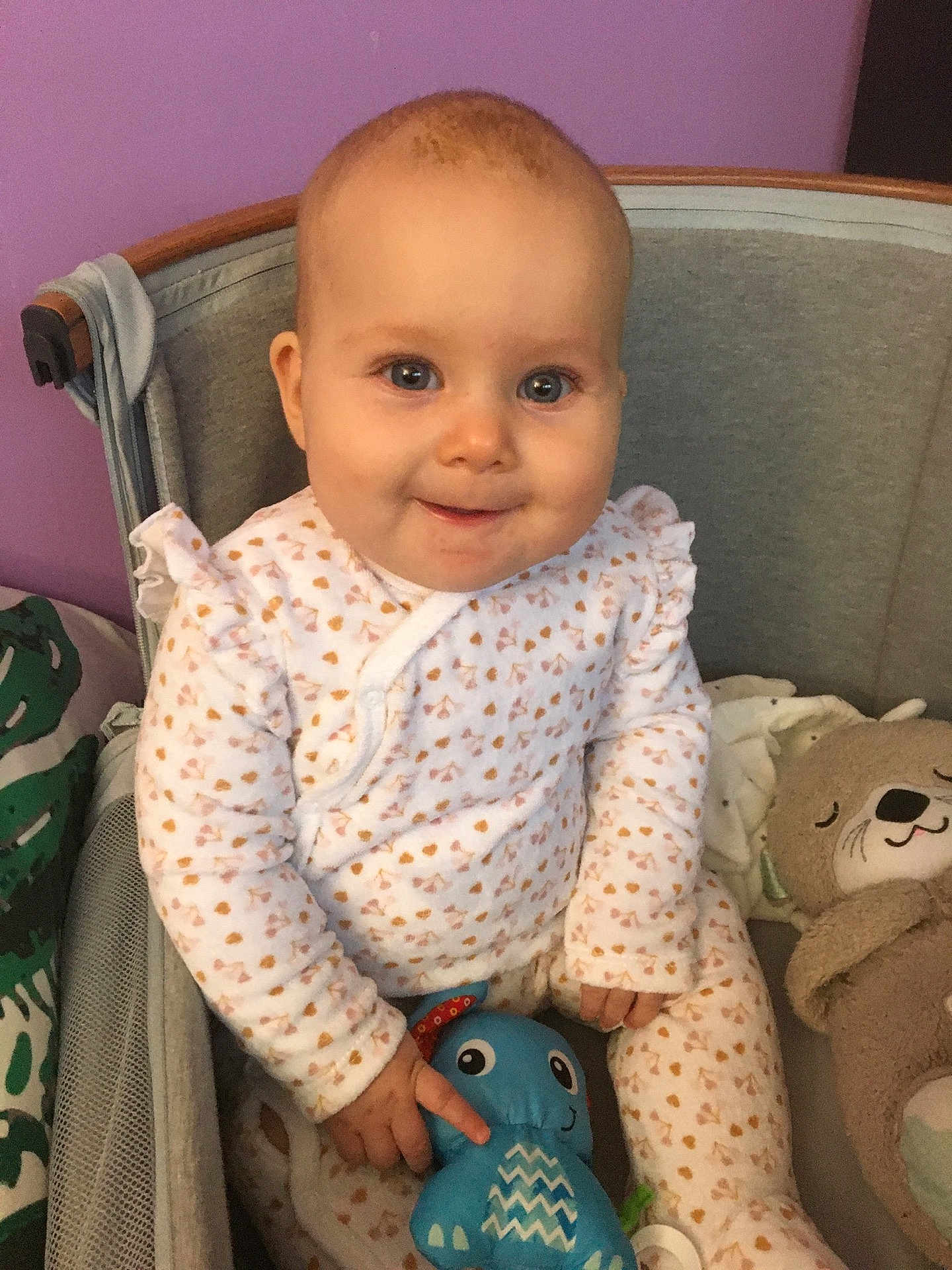 Chloé participe au concours pour gagner de l'argent avec cette photo : baby, onesie, toy, plush_toy, blue_toy, dinosaur_toy, playpen, smiling, child, indoor, purple_wall, cute, infant, seated, soft_toys, happy, person, clothing, face, hand