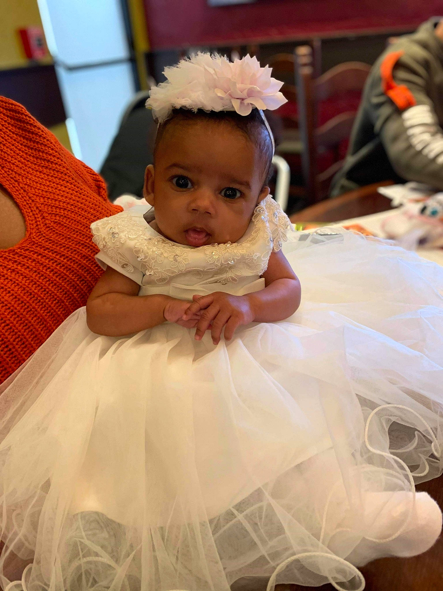 Kinlee is registered to the contest to win money with this photo: baby, ceremony, child, costume, dress, fashion_accessory, flower_girl, hair_accessory, headpiece, person, toddler, wedding_ceremony_supply