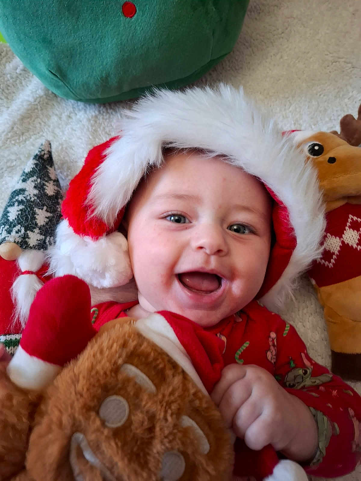 Alessio participe au concours pour gagner de l'argent avec cette photo : baby, smiling, santa_hat, plush_toy, gingerbread_man, holiday, christmas, red_clothing, festive, cute, child, face, happy, indoors, toy, stuffed_animal, cozy, celebration, winter, cheerful