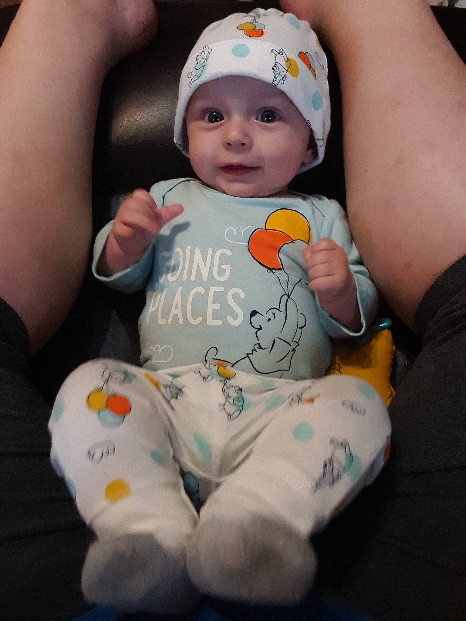 Karson is registered to the contest to win money with this photo: baby, baby_products, child, finger, hand, headwear, person, product, skin, toddler, yellow