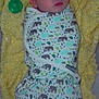 baby, sleeping, swaddled, blanket, yellow, crochet, pacifier, elephant_pattern, infant, resting, cute, peaceful, child, soft, cozy, indoors, portrait, newborn, wrapped, face