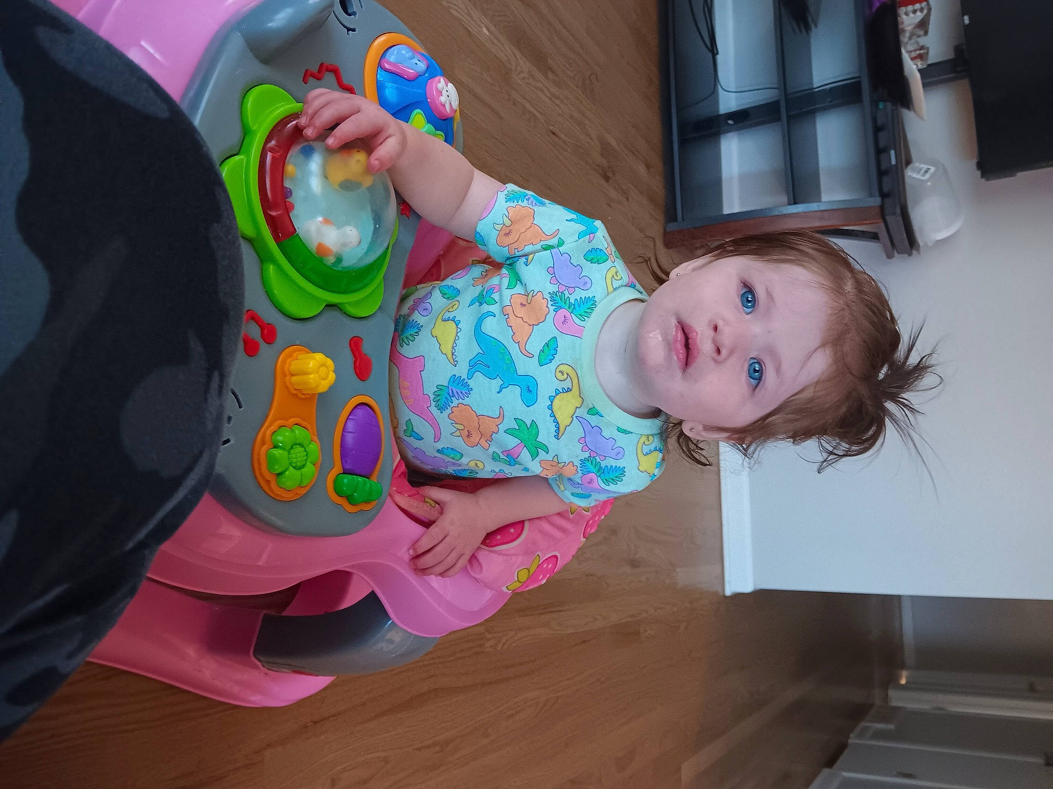 Christal joined the competition — help win amazing prizes! baby, baby_products, baby_toddler_clothing, baby_toys, child, flooring, fun, happy, hardwood, leisure, magenta, pattern, person, pink, room, sitting, smile, toddler, toy, window