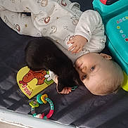 Rémy participe au concours pour gagner de l'argent avec cette photo : baby, child, black_cat, bed, crib, toys, book, onesie, animal_print, cuddling, floor, socks, blue_stripes, wooden_floor, infant, cute, sleepwear, pet, peaceful, indoor