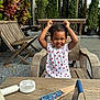 Keyah a rejoint le concours — aidez-le/la à gagner de superbes lots ! toddler, child, smiling, white_dress, red_apples, wooden_table, wooden_chair, outdoor, plants, greenery, patio, playful, happy, person, short_hair, daylight, casual, seated, furniture, table_fan