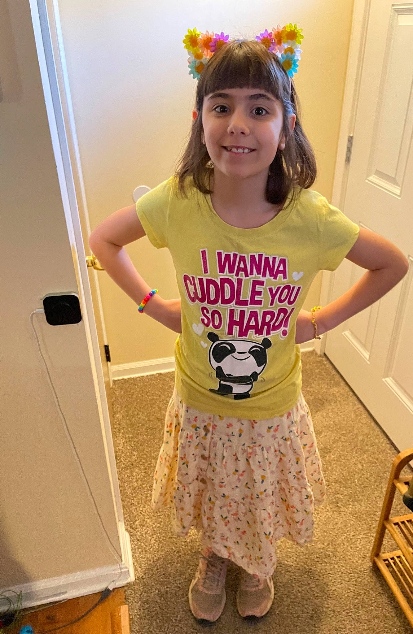 Layla is registered to the contest to win money with this photo: baby_toddler_clothing, child, costume, door, eyewear, fun, hairstyle, happy, joy, magenta, party, pattern, person, play, room, shoulder, sleeve, smile, t_shirt, toddler