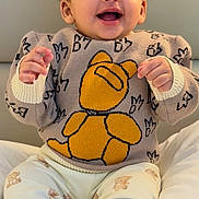 Zaroon joined the competition — help win amazing prizes! baby, child, smiling, sitting, yellow_cap, teddy_bear_sweater, cute, happy, indoors, feet, barefoot, clothing, portrait, infant, playful, person, casual, cozy, cute_expression, headwear