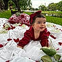 Fernanda joined the competition — help win amazing prizes! baby, child, red_outfit, headband, rose_petals, white_blanket, flowers, grass, park, river, nature, smiling, cute, outdoor, portrait, greenery, flower_petals, happy, lying_down, scenic