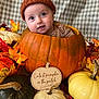 baby, pumpkin, hat, autumn, fall, leaves, orange, white_pumpkin, green_pumpkin, cute, child, smiling, cozy, seasonal, portrait, knitted_hat, wooden_sign, indoor, plaid_background, festive