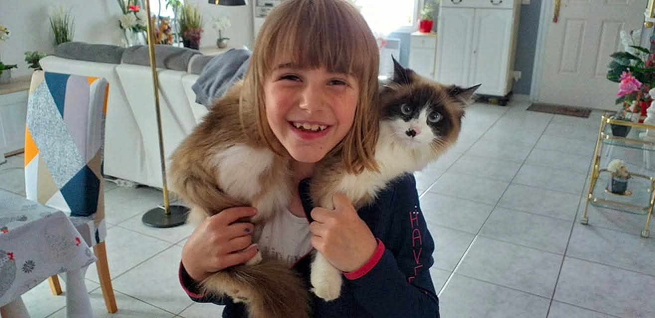 Flocon participe au concours pour gagner de l'argent avec cette photo : child, cat, smile, young_girl, pet, indoor, living_room, tiled_floor, sofa, chair, lamp, plant, door, table, hands, fur, portrait, happy, cozy, home_decor