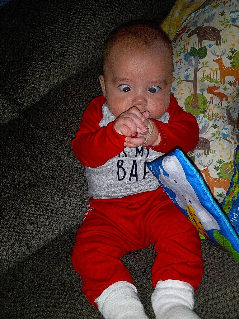 Luke joined the competition — help win amazing prizes! baby, baby_toddler_clothing, carmine, cheek, child, comfort, eye, facial_expression, finger, flooring, fun, hairstyle, happy, pattern, person, sitting, skin, sleeve, standing, t_shirt