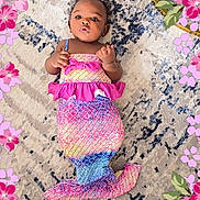 Anahya a rejoint le concours — aidez-le/la à gagner de superbes lots ! adorable, baby, carpet, child, clothing, colorful, costume, cute, decorative, fantasy, floral_border, indoor, infant, lying_down, mermaid_costume, patterned_rug, pink, playful, portrait, purple