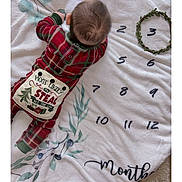 Giovani is registered to the contest to win money with this photo: baby, pajamas, plaid, milestone_blanket, month_marker, wreath, lying_down, back_view, hair, patch, text_on_clothing, floor, blanket, numbers, greenery, cute, indoor, child, infant, holiday_theme