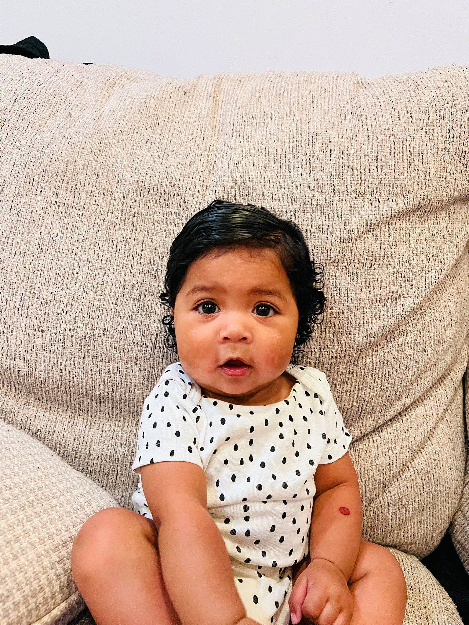 Kamila joined the competition — help win amazing prizes! baby, baby_toddler_clothing, cheek, child, comfort, eye, facial_expression, finger, flash_photography, hand, happy, lip, neck, nose, pattern, person, sitting, skin, sleeve, surprise