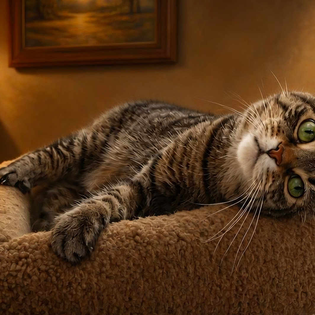 Skittles is registered to the contest to win money with this photo: cat, tabby, feline, pet, animal, whiskers, green_eyes, striped_fur, relaxed, lounging, lying_down, perch, couch, plush, indoor, living_room, lamp, warm_lighting, plant, framed_picture