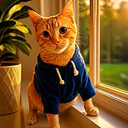 Eddie is registered to the contest to win money with this photo: animal, blue, cat, clothing, cozy, fur, golden_hour, home, hoodie, houseplant, indoors, looking_at_camera, orange_tabby, pet, portrait, standing, sunlight, whiskers, window, windowsill