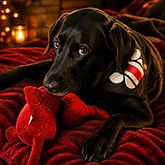 Hagen joined the competition — help win amazing prizes! bandana, bed, black_dog, blanket, brown_eyes, close_up, cozy, cuddly, dog, floppy_ears, indoors, lying_down, pet, portrait, puppy, red_blanket, striped_bandana, stuffed_animal, teddy_bear, warm_lighting