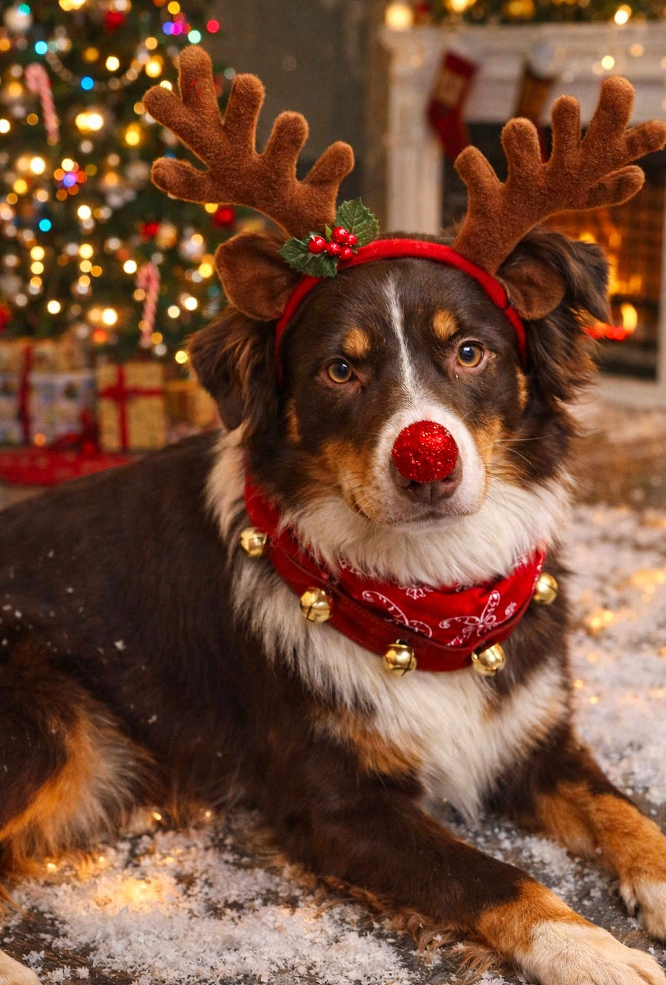 Enzo joined the competition — help win amazing prizes! dog, reindeer_costume, antlers, red_nose, bandana, bells, christmas_tree, presents, fireplace, holiday, snow, festive, indoors, decorations, pet, brown_fur, white_fur, portrait, cozy, celebration