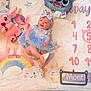 baby, blue_dress, headband, blanket, rainbow, cloud, unicorn, plush_toy, pink_stuffed_animal, pillow, numbers, milestone_blanket, smiling, child, infant, cute, feet, shoes, lying_down, colorful