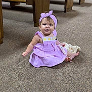 Maelee joined the competition — help win amazing prizes! baby, bow, carpet, child, church, floor, happy, headband, indoor, infant, lavender_dress, pacifier, photography, portrait, purple_clothing, sitting, smiling, stuffed_animal, toy, wooden_pews