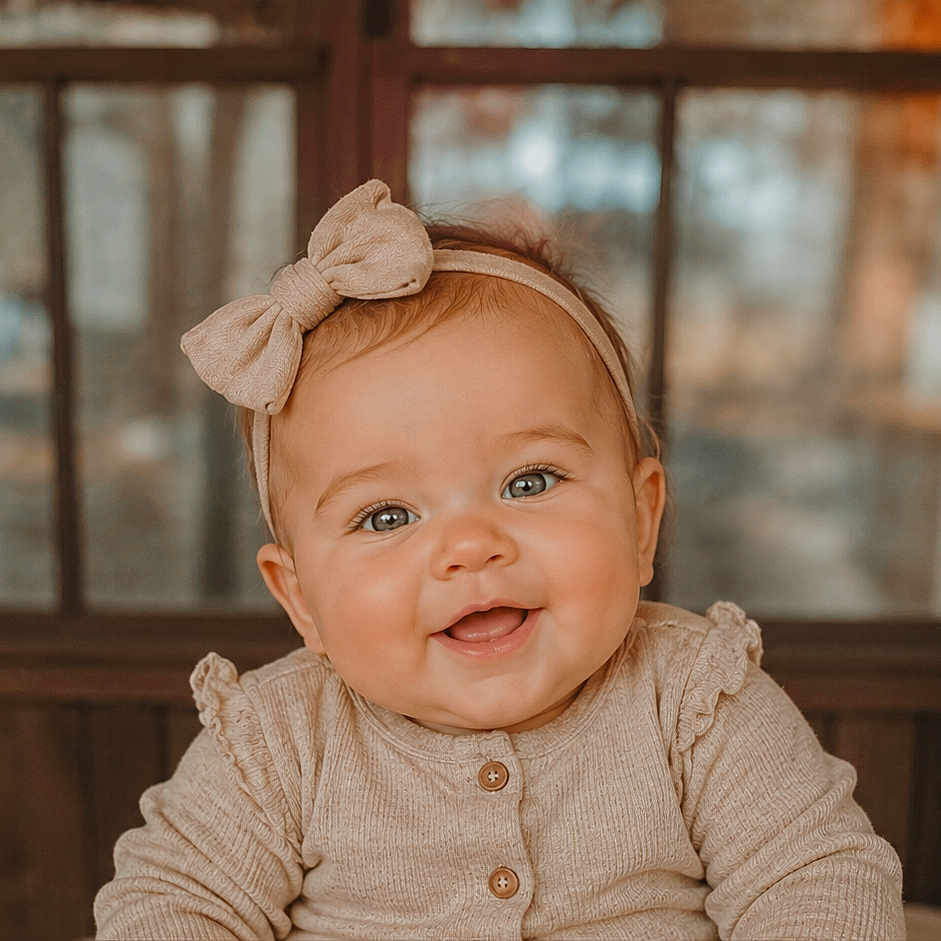 Daisy is registered to the contest to win money with this photo: baby, smiling, headband, bow, infant, portrait, face, cute, child, window, wood, warm_lighting, indoor, clothing, happy, skin, eyes, head, sitting, young