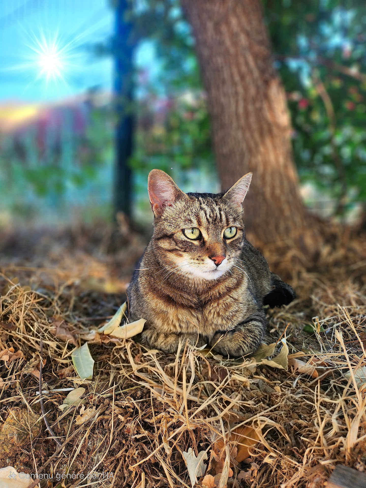 Bandit participe au concours pour gagner de l'argent avec cette photo : cat, tabby, animal, pet, outdoor, nature, tree, leaves, dry, sunlight, sunburst, fur, whiskers, eyes, relaxed, ground, wildlife, mammal, closeup, daylight