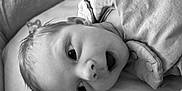 Tommy participe au concours pour gagner de l'argent avec cette photo : baby, infant, face, expression, blanket, clothing, portrait, lying_down, closeup, soft_texture, button, curious, monochrome, head, skin, person, newborn, indoors, cute, young