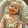 toddler, child, high_chair, messy_face, food_stains, pink_onesie, heart_pattern, seatbelt, happy, smiling, indoor, baby, face, hand, clothing, furniture, polka_dot, feeding_time, cute, portrait