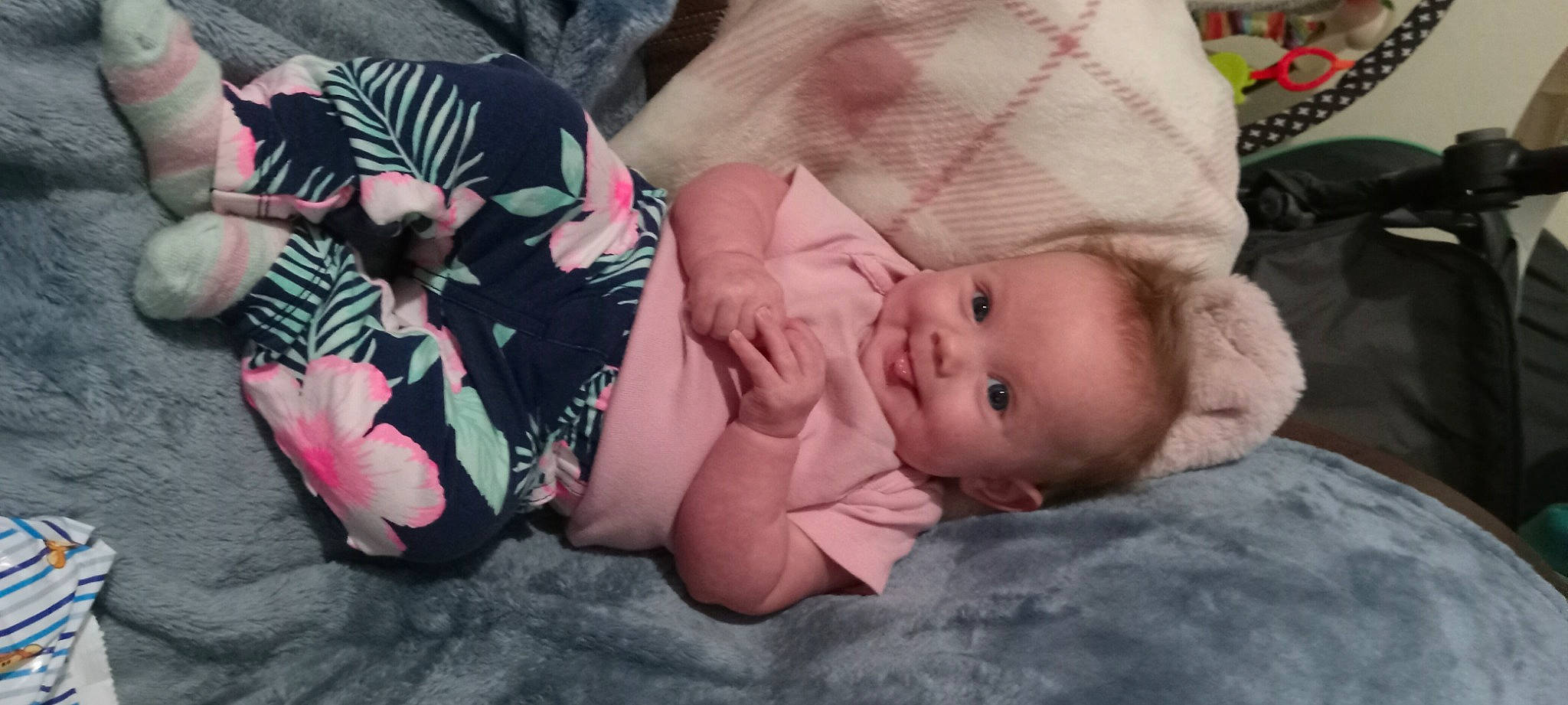 Ashlynn joined the competition — help win amazing prizes! baby, baby_toddler_clothing, cheek, child, comfort, eye, grass, happy, head, joy, linens, mammal, pattern, person, pink, plant, skin, sleeve, thigh, toddler