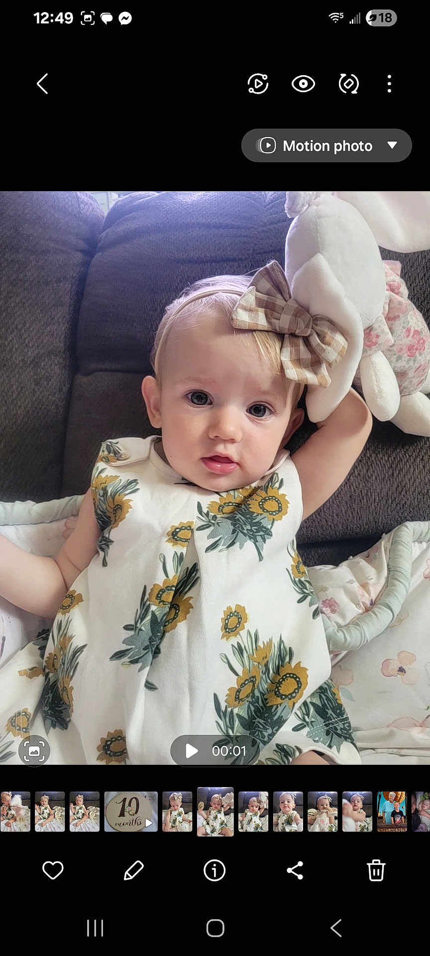 Ariya joined the competition — help win amazing prizes! baby, child, girl, plush_toy, bunny, headband, bow, dress, floral_pattern, couch, blanket, indoor, portrait, cute, expression, person, young_child, sitting, soft_toy, casual