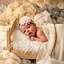 Lilith joined the competition — help win amazing prizes! baby, newborn, infant, child, mini_bed, wooden_bed, blanket, knit_blanket, headband, flower_headband, fur_pillow, clouds, fluffy, cozy, portrait, studio_photography, cute, adorable, soft_texture, sleeping_baby