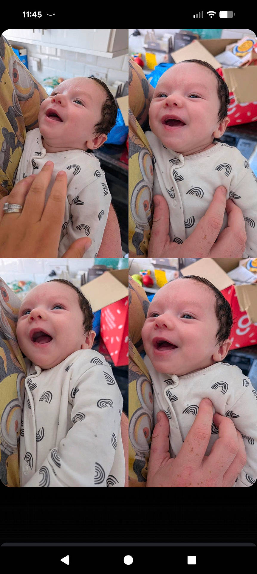 baby, box, child, collage, colorful, cute, hand, happy, holding, indoor, infant, kitchen, laughing, onesie, person, portrait, rainbow_pattern, smiling, tattoo, tiles
