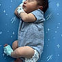 baby, newborn, sleeping, infant, blanket, stars, blue_background, onesie, mittens, diaper, peaceful, portrait, cute, small, resting, child, soft_lighting, indoors, sleep, face