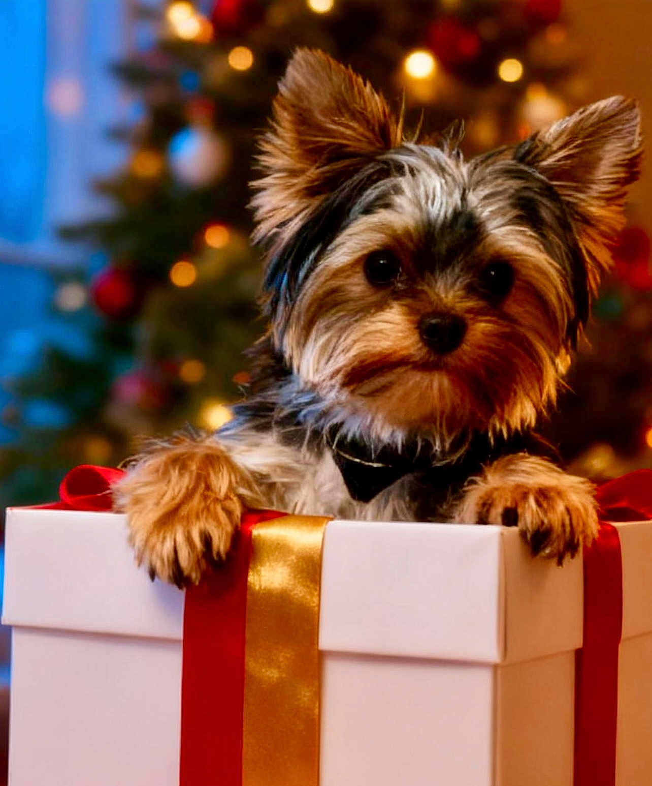 Brady Kane is registered to the contest to win money with this photo: adorable, animal, celebration, christmas_tree, closeup, cute, decorations, dog, ears, festive, fur, gift_box, holiday, indoors, paws, pet, present, puppy, ribbon, yorkshire_terrier
